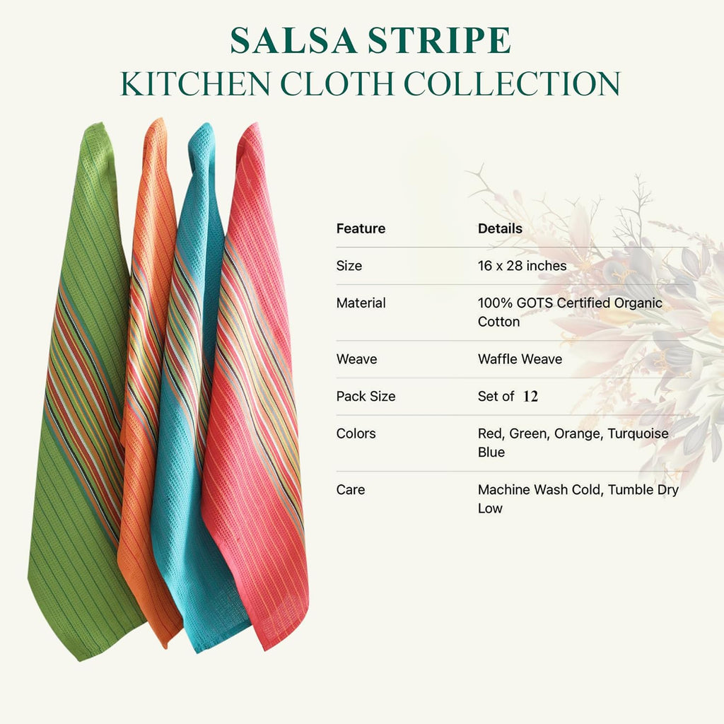 Salsa Stripe Kitchen Dish Towels, 100% Cotton, Highly Absorbent, Multi Purpose Waffle Tea Towels for Cooking, Drying
