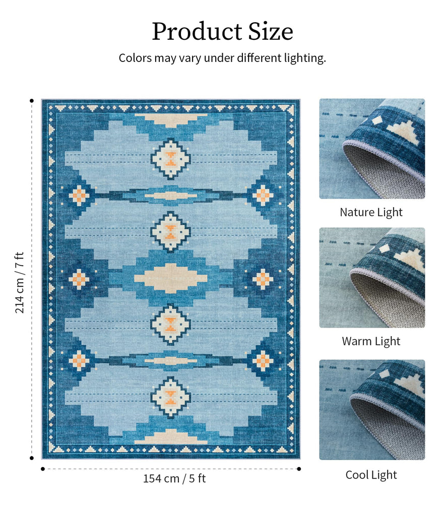 Washable Blue Geometric Area Rug