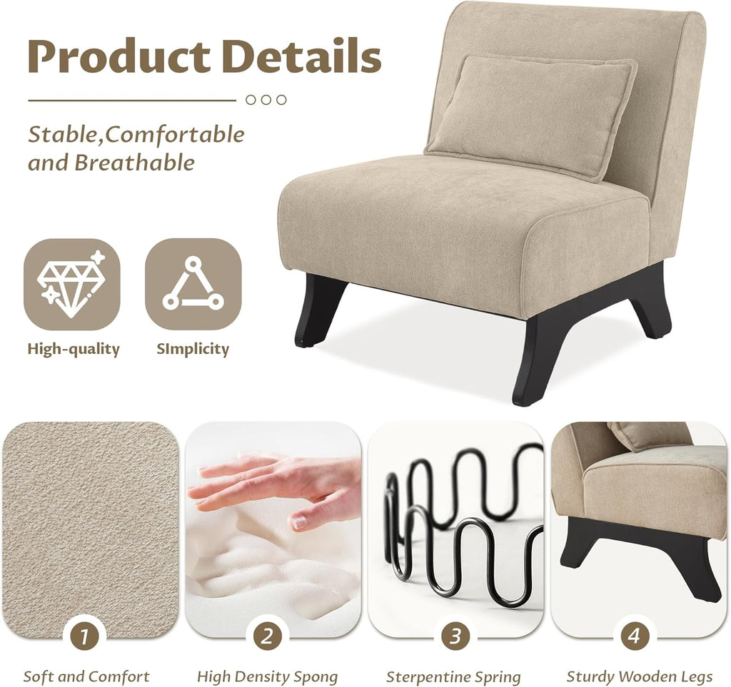 Armless Accent Chair Upholstered Comfy Modern Living Room Side Chair | Comfy Small Accent Lounge Chair with Pillow &