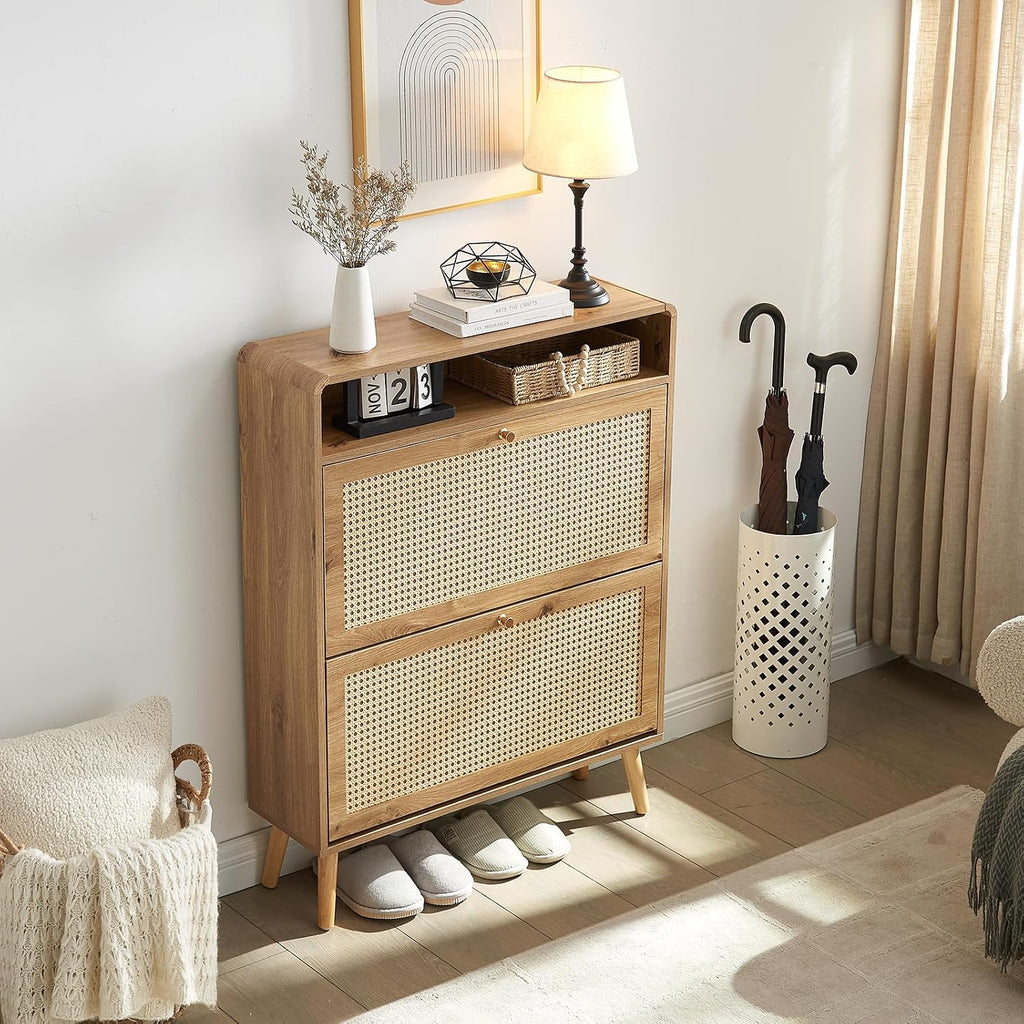 Rattan Shoe Cabinet with 2 Flip Drawers, 16 Pairs Narrow Shoe Storage Cabinet Freestanding Hidden Shoe Rack, Modern