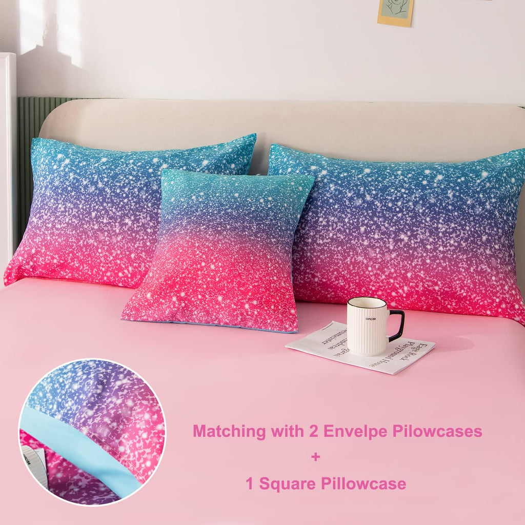 Girls Bedding Set 6 Piece Blue Pink Comforter Set Kids Bed in A Bag Colorful Rainbow Glitter Bed Set Decoration