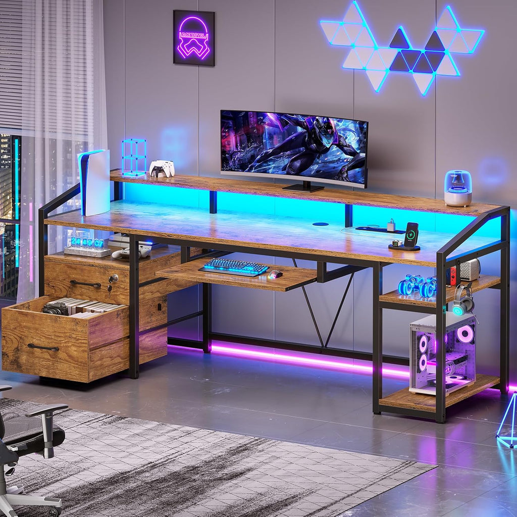 63" Computer Desk, Office Desk with Lock Drawers for Legal/Letter File, Gaming Desk with LED Light & Power Outlet
