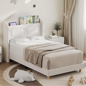 Twin Bed Frame for Kids, Upholstered Platform Bed for Boys/Girls, Beige | Velvet Wingback Headboard with LED Light &