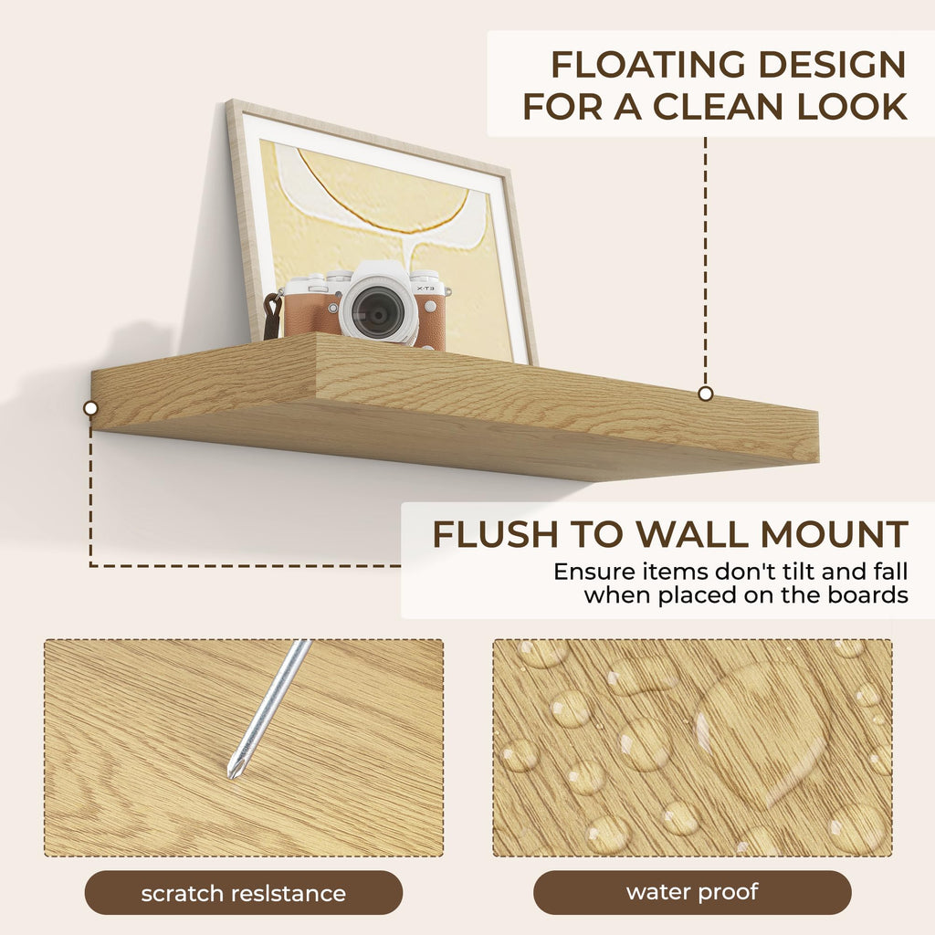 24Inch Floating Shelves for Wall 2Pack, Oak, 8" Deep