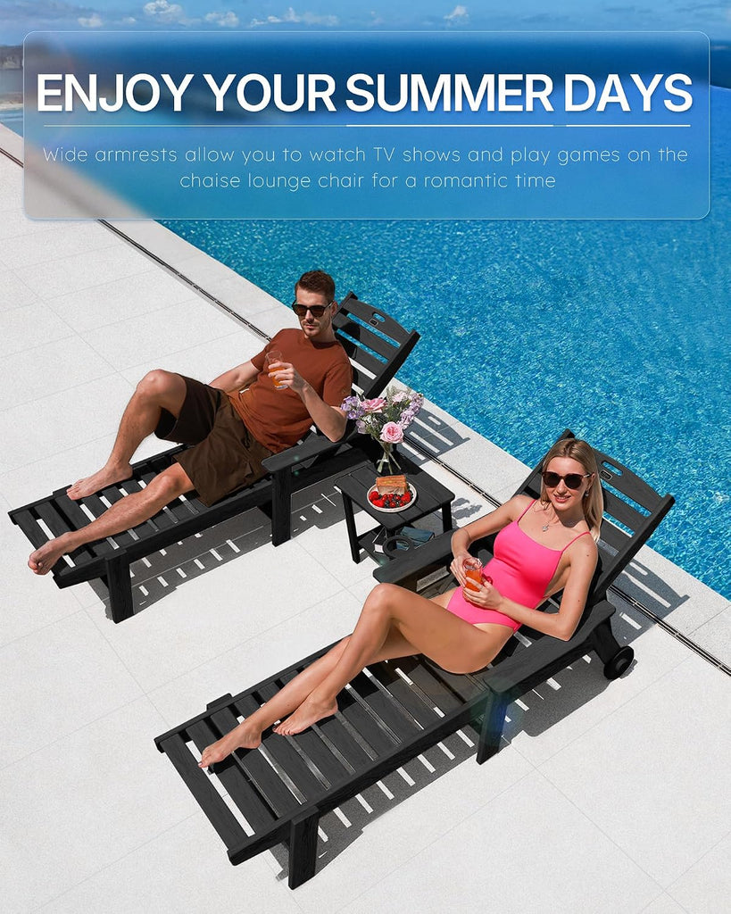 Patio Chaise Lounge Chair Set of 2, Oversize Lounge Chairs with Wood Texture& Rolling Wheels, HDPE 6-Position Plastic