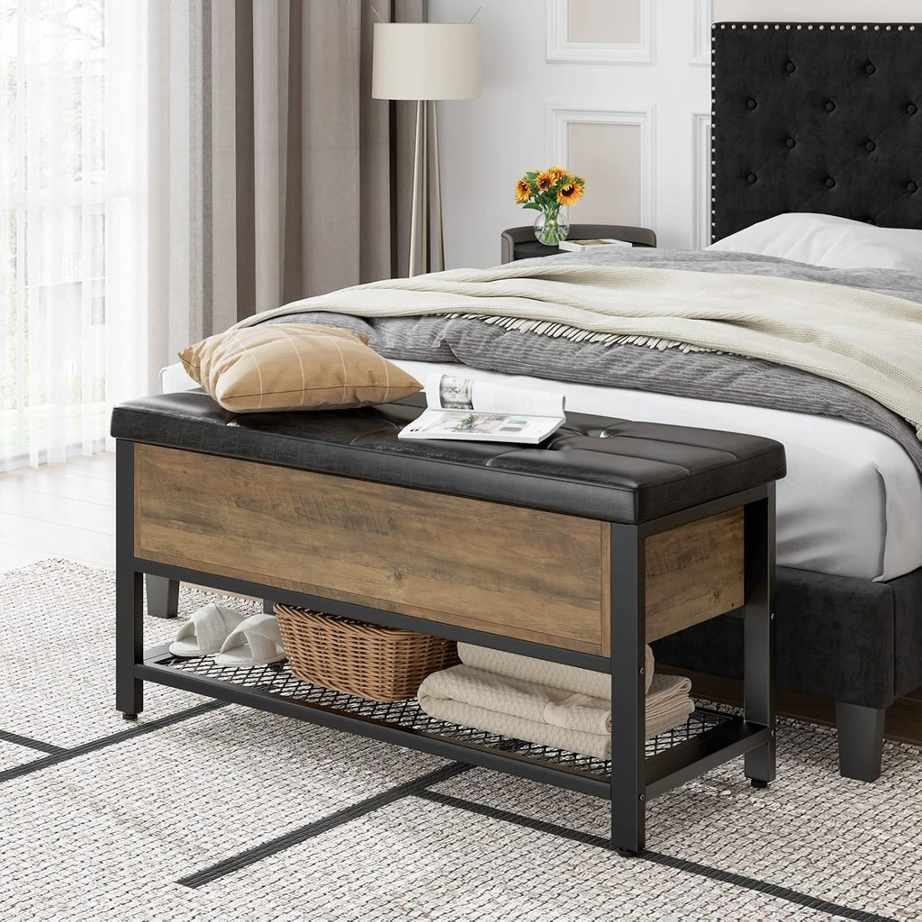 40" W Storage Bench, Entryway Shoe Bench with Cushion, Rustic Brown | Wood Metal Bench with Flip-Open Hidden Storage