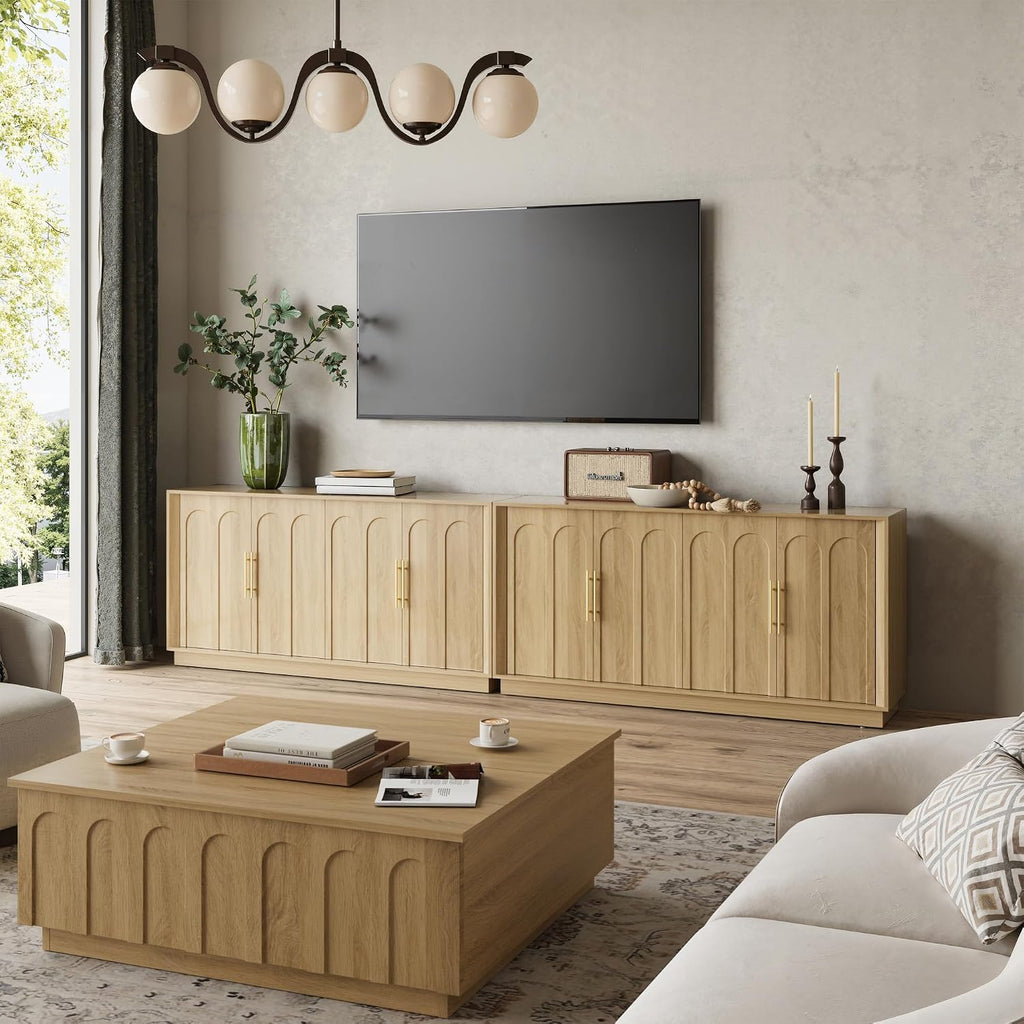 67" Sideboard Buffet Cabinet with Storage, Arched Doors, Oak | Modern Minimalist Accent Cabinet with Wood Gain, Boho