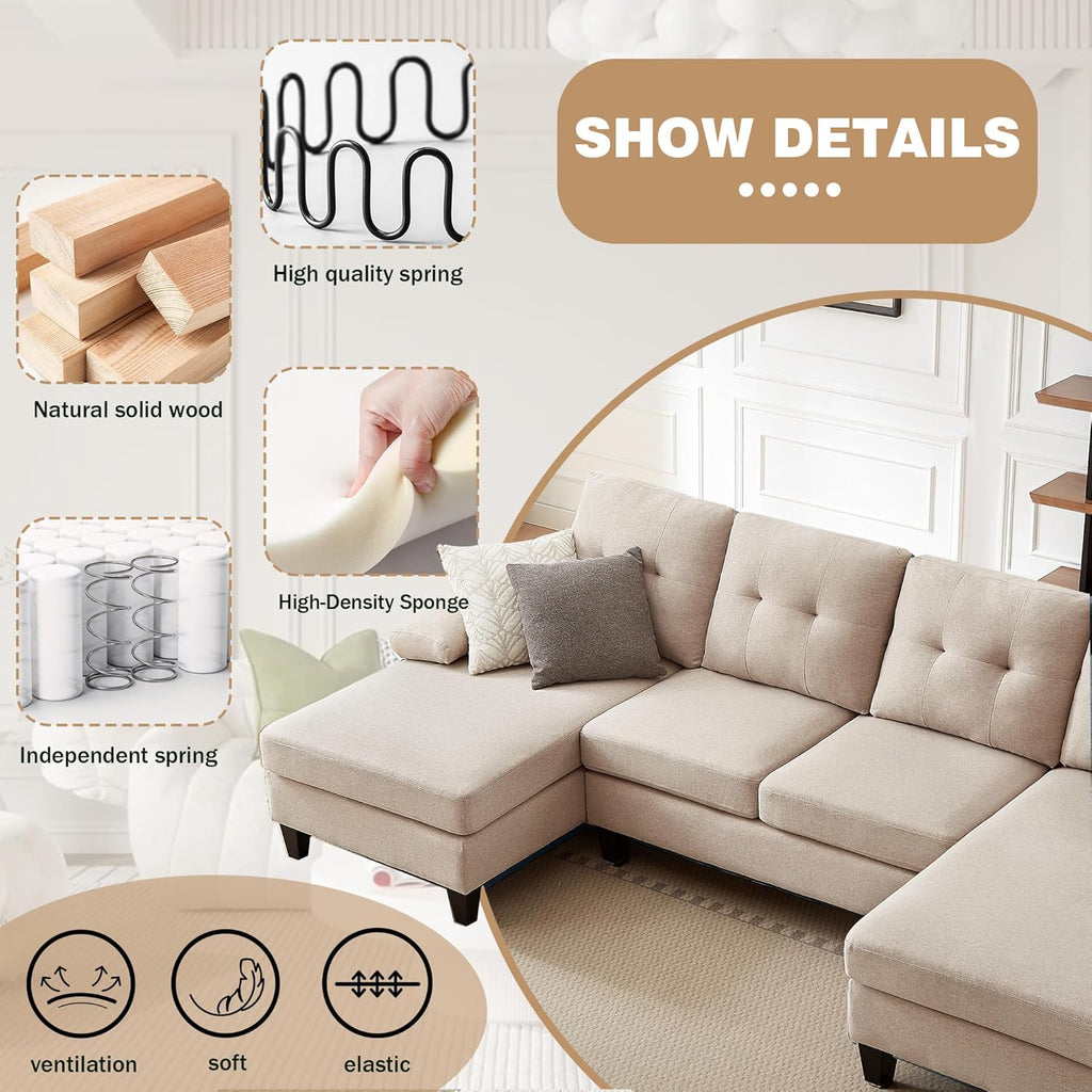 111" Sectional Couch for Living Room, Modern Polyester Fibre U Shaped Sofa Couches with Double Chaise