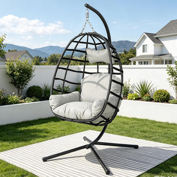 Hanging Egg Chair with Stand, Indoor Outdoor Rattan Wicker Egg Swing Chair with Cushion, Patio Hammock Chair for