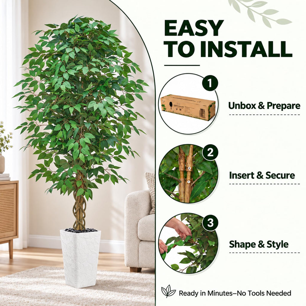Artificial Ficus Tree 7FT, Large Fake Tree Decor (White Planter)