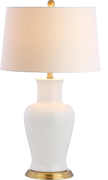 29" White/Gold Traditional Ceramic Urn LED Table Lamp Decor, White Linen Drum Shade, Classic Nightst