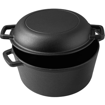 5 QT Cast Iron Dutch Oven 2 in 1 Pre Seasoned with Skillet Lid Oven Safe Campfire Baking Sourdough Bread Camping