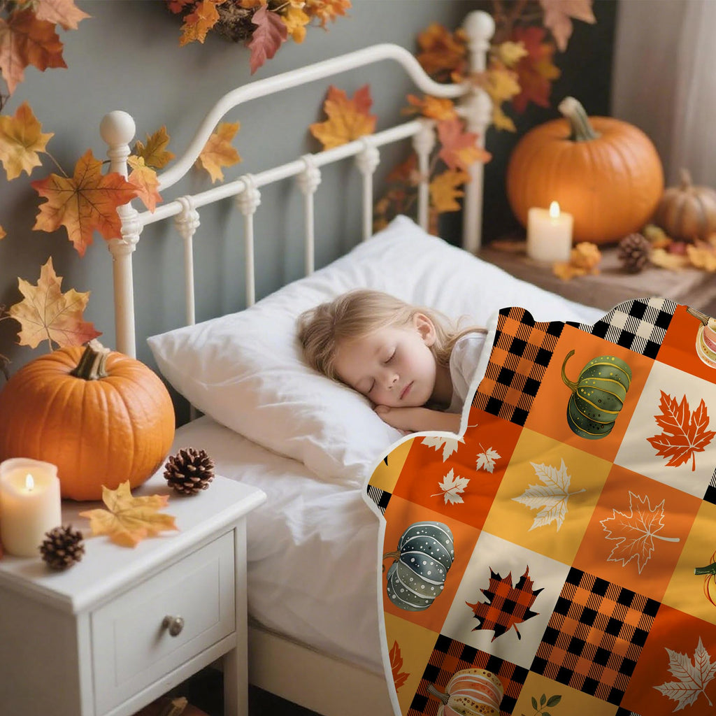 Fall Pumpkin Buffalo Plaid Throw Blanket, 60"x70" Autumn Maple Leaf Patchwork Soft Fleece Blanket for Sofa Couch Home