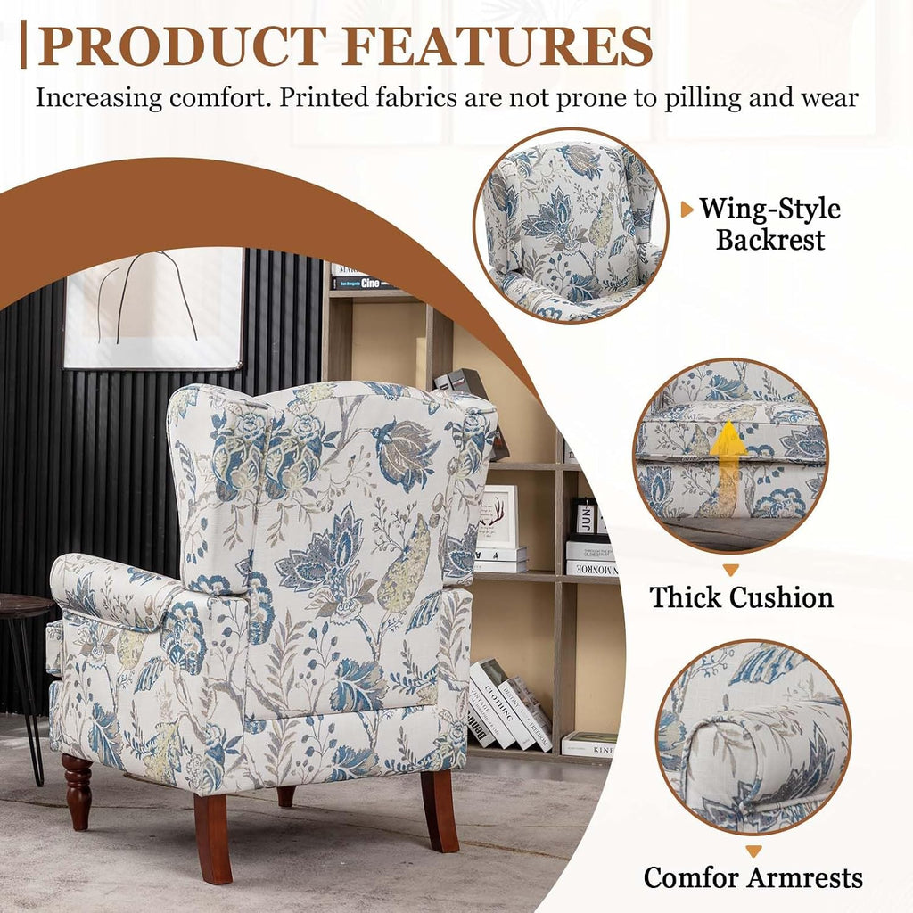 Wingback Chair & Floral Accent Chair | Occasional Side Chair Arms and High Back, Ticken Seat Cushion|Fabric