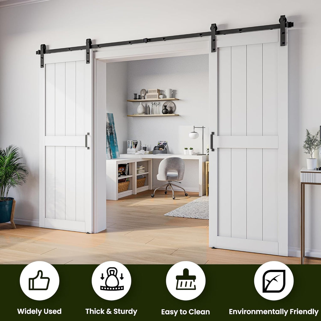 64 x 84 in (Double 32x84 Door) White Barn Door with 11FT Sliding Hardware Kit & Handle, Pre-Drilled 