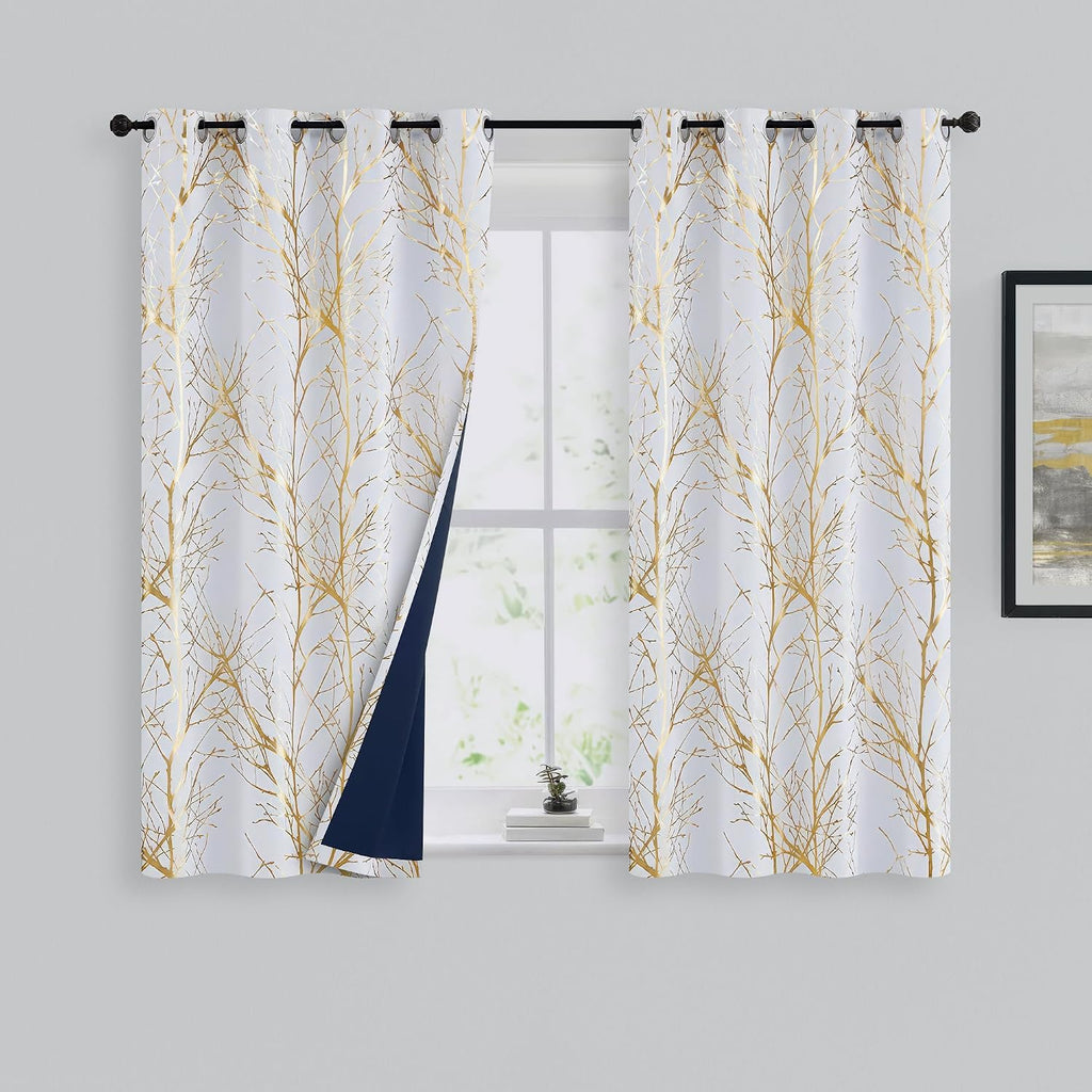 100% Blackout Grey Gold Foil Tree Curtains 96 Inch Long 2 Panels