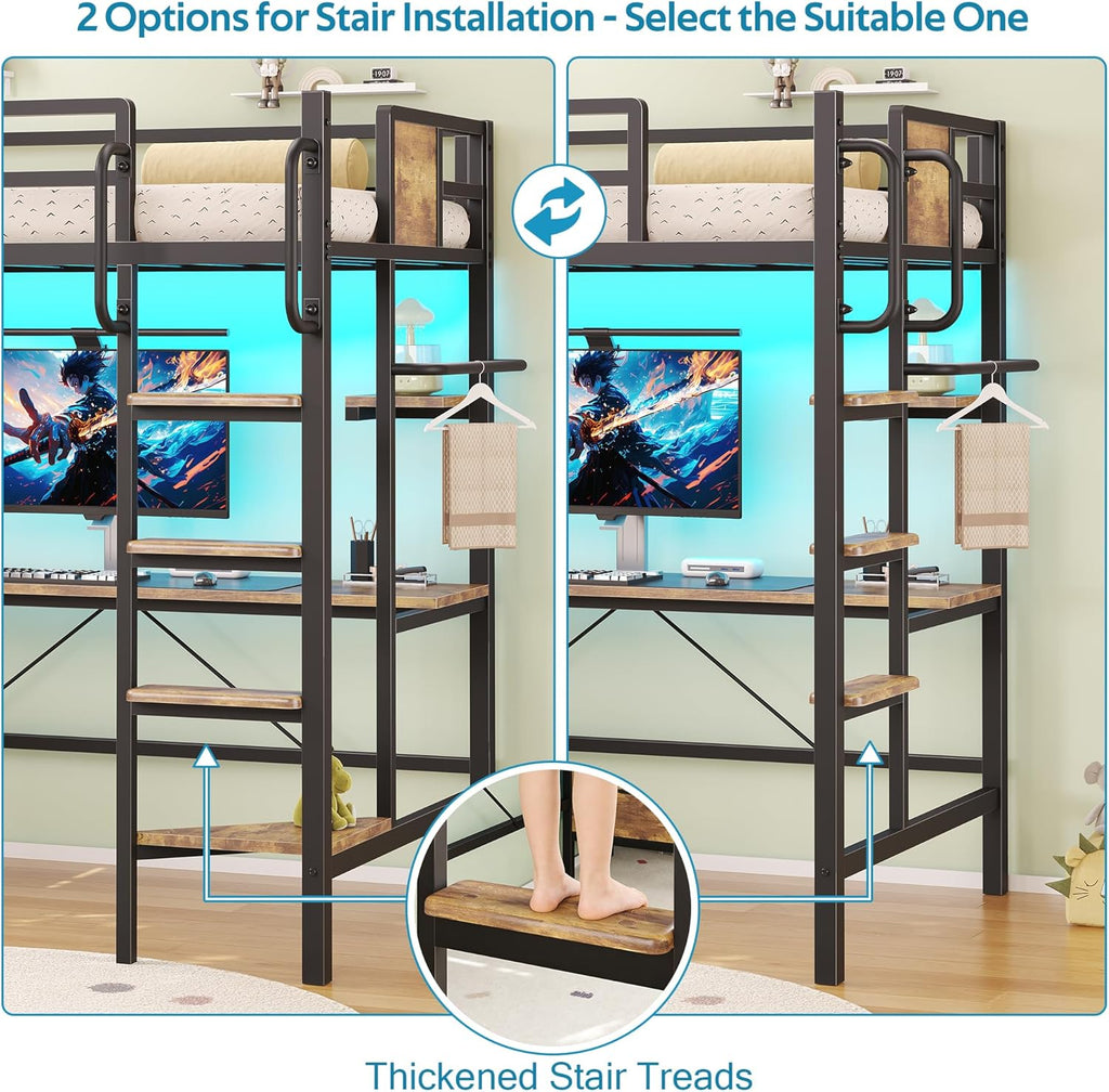 Loft Bed with Desk,Twin Loft bed with 5 Storage Drawers & 2 open Shelves & LED Light and Charging Station,Loft Bed