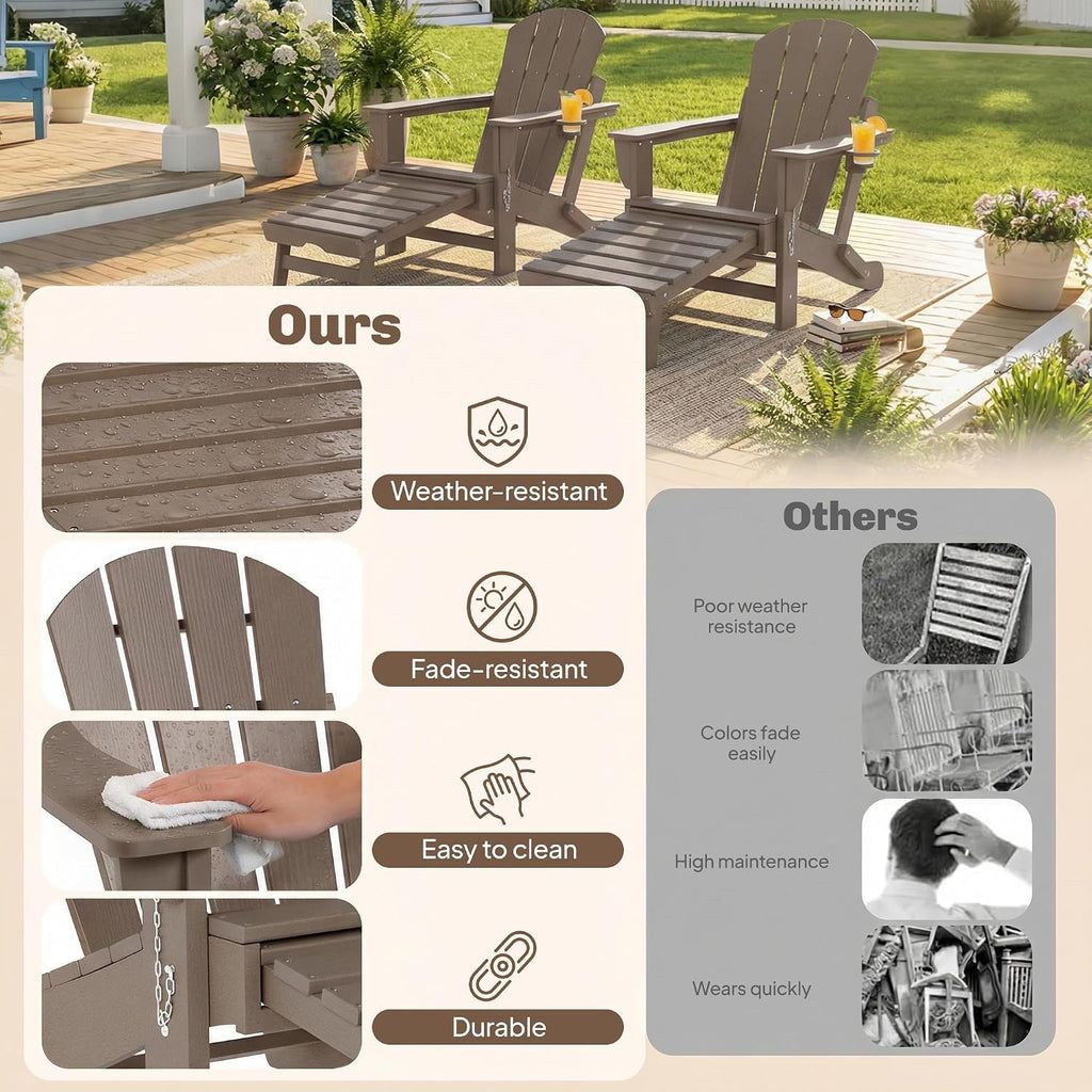 Folding Adirondack Chair Set of 2 with Retractable Ottoman Brown | Outdoor HDPE Fire Pit Chair, Cup Holder, Large