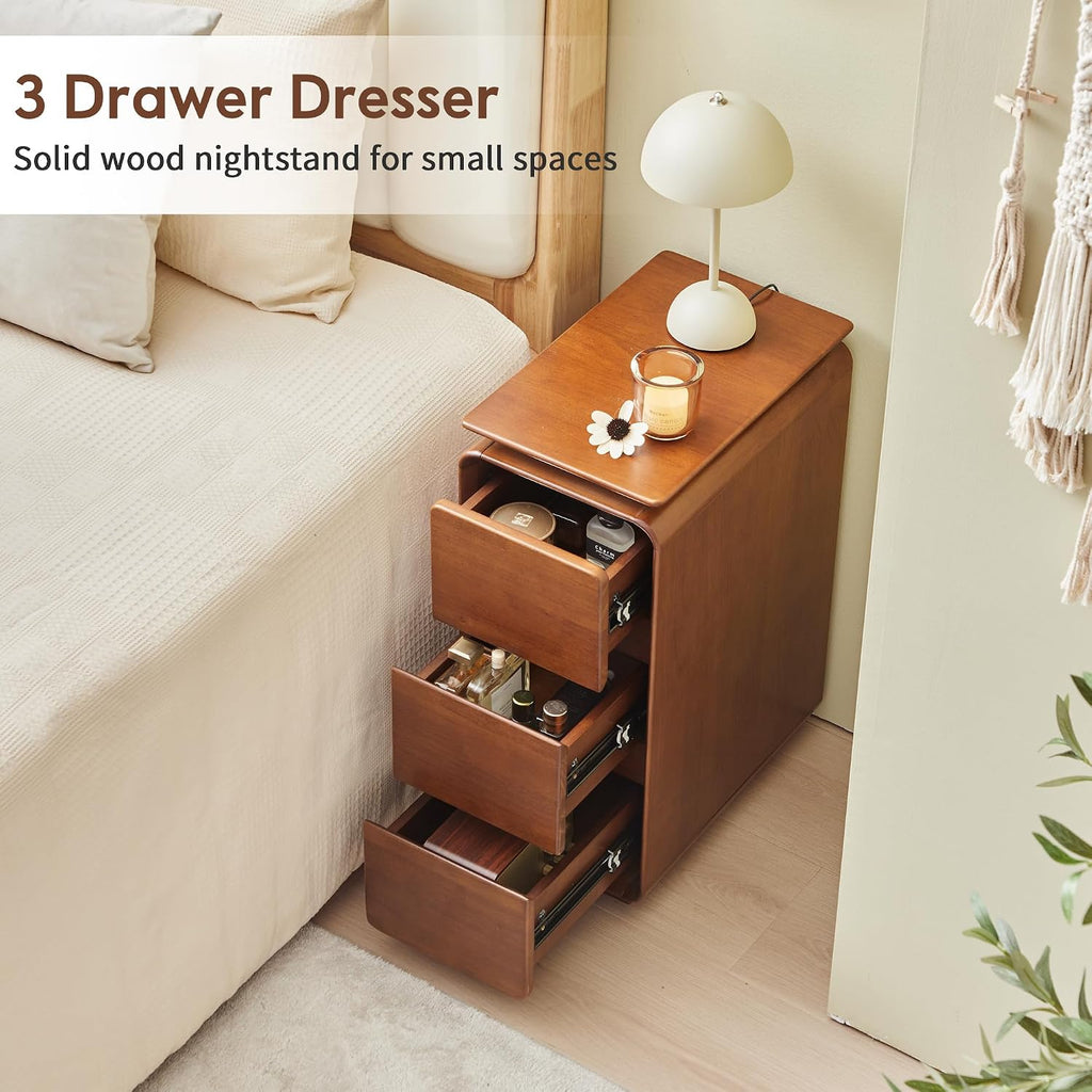 Solid Wood Nightstand, Fully Assembled Narrow Bedside Table with 3 Drawers & Hidden Handles, Mid-Century Modern End