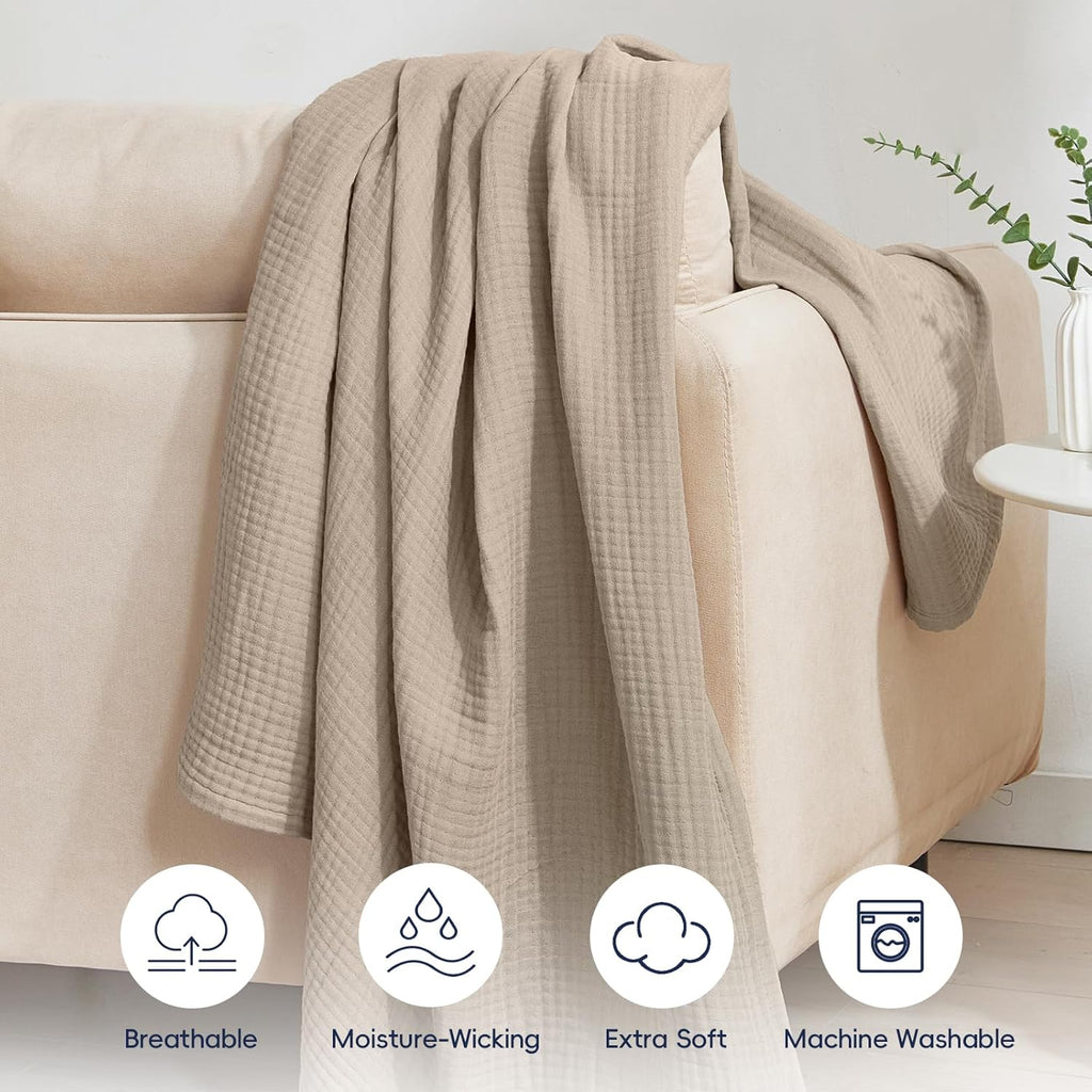 100% Cotton Muslin Throw Blanket 50" x 60", 4-Layer Lightweight Gauze Throw, Breathable Cloud-Soft Minimalist