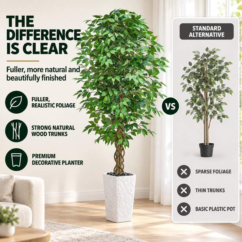 Artificial Ficus Tree 7FT, Large Fake Tree Decor (White Planter)