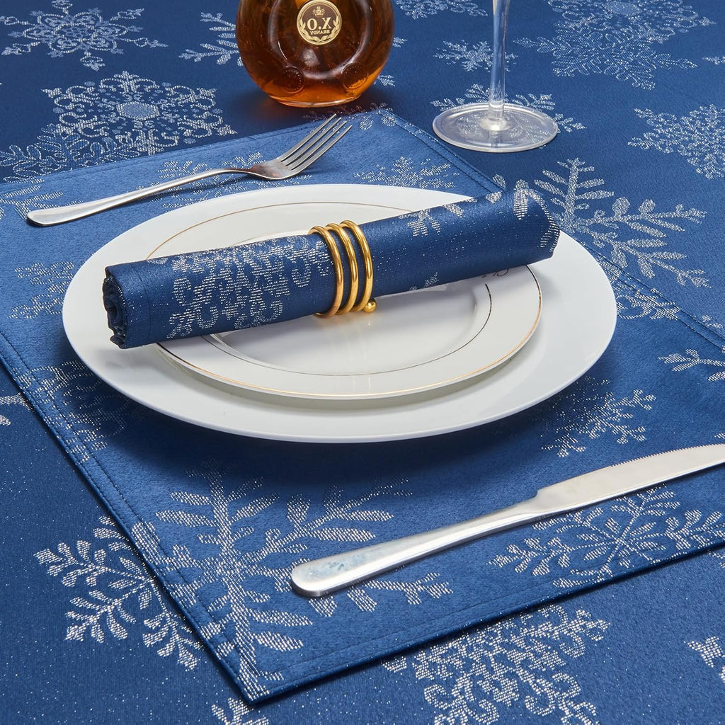 Rectangle Fancy Metallic Sparkling Snowflake Christmas Fabric Table Cloth red Hunter Gold Navy White