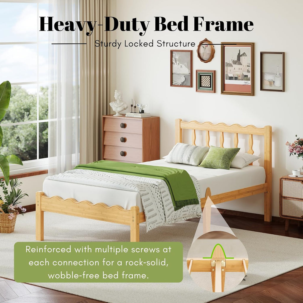 Bamboo Queen Bed Frame with Headboard, 14 inch Solid Wood Platform Bed Frames Queen with Metal Slats, No Box Spring