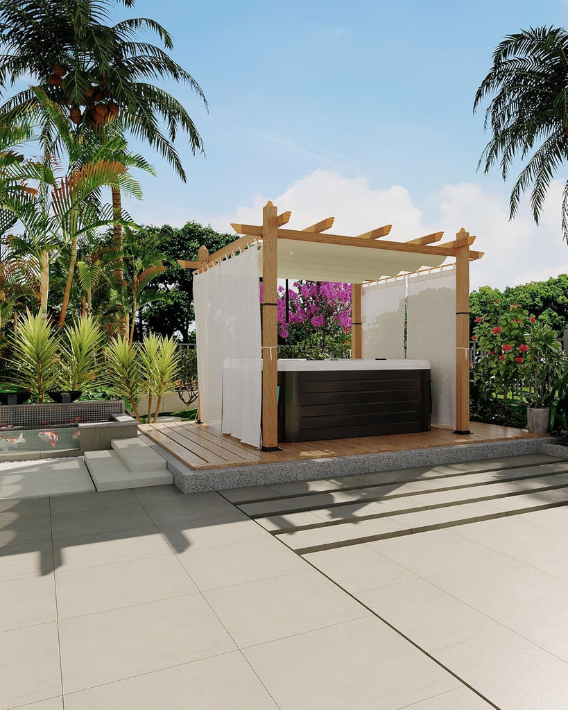 10x10 Ft Outdoor Pergola with Retractable Canopy Metal Gazebo Imitation Wood-Grain Column with Side Mesh Screen