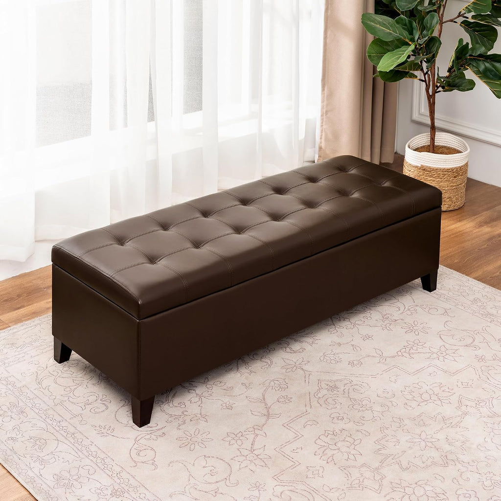 51 Inch Storage Bench,Leather Tufted Storage Ottoman with Legs | Safety Hinges,Wooden Legs,Upholstered,End of