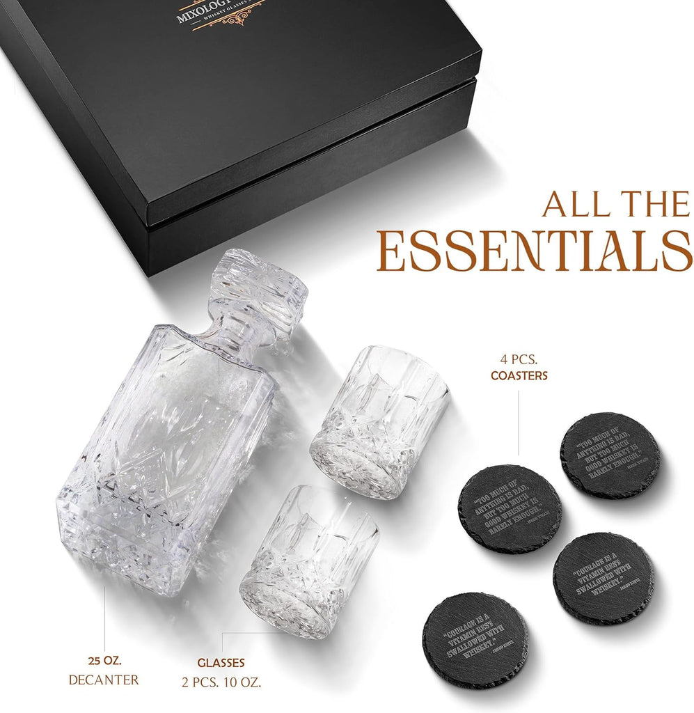Luxury Whiskey Decanter Gift Set - 25oz Crystal Decanter, 4 Old-Fashioned Glasses, 4 Slate Coasters with Diamond