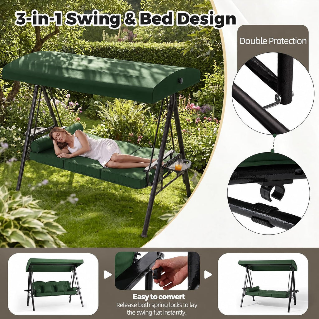 3 Person Patio Swing with Stand,3-in-1 Convertible Swing Bed,Adjustable Canopy,3.6" Thick Cushions,Side