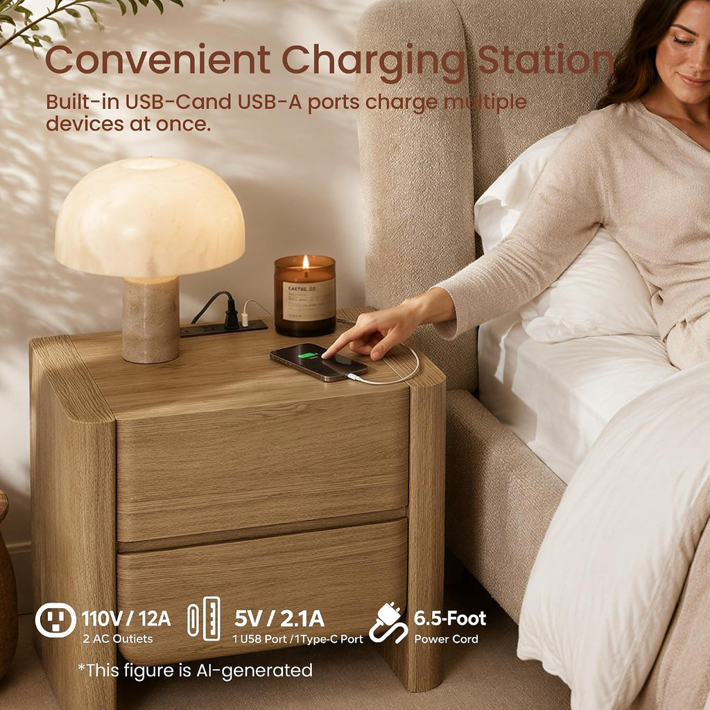 26" Nightstand with Charging Station, Large Bedside Table with 2 Handleless Storage Drawers,2.4" Thick Panel Legs &