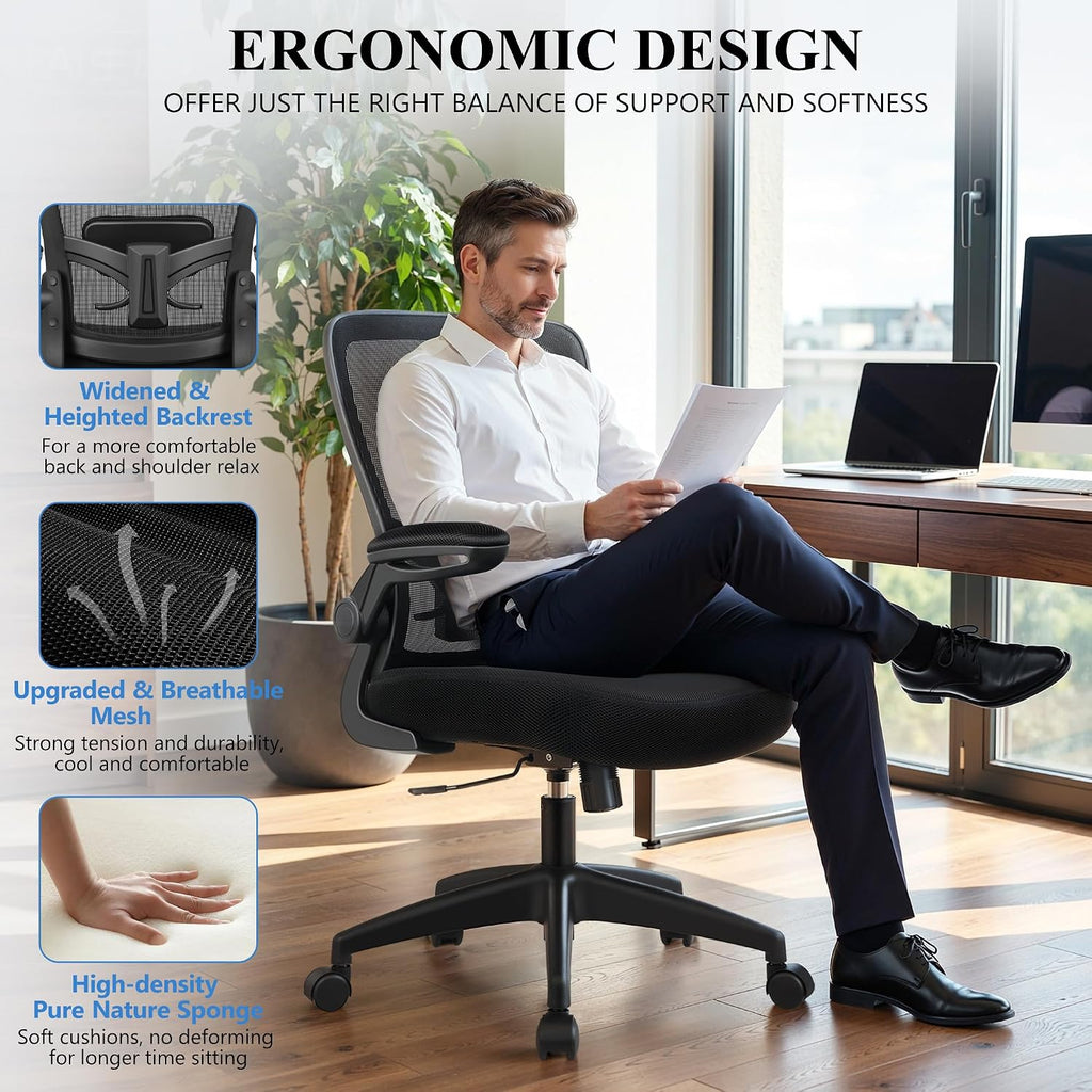 Ergonomic Desk Chair Breathable Mesh Chairs Adjustable High Back Lumbar Support Flip-up Armrests, Executive Rolling