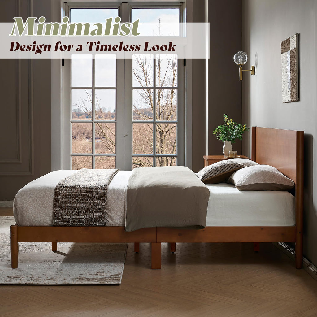 Solid Wood Full Bed Frame, Mid Century Bed with Headboard, Brown