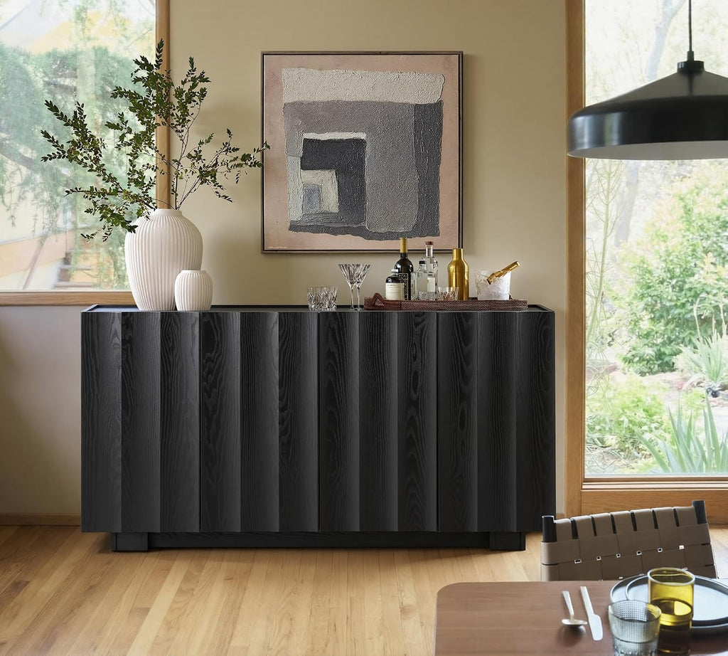 61.7" Fluted Sideboard Buffet Cabinet with Storage, Black | Mid Century Modern Credenza with Adjustable Shelves