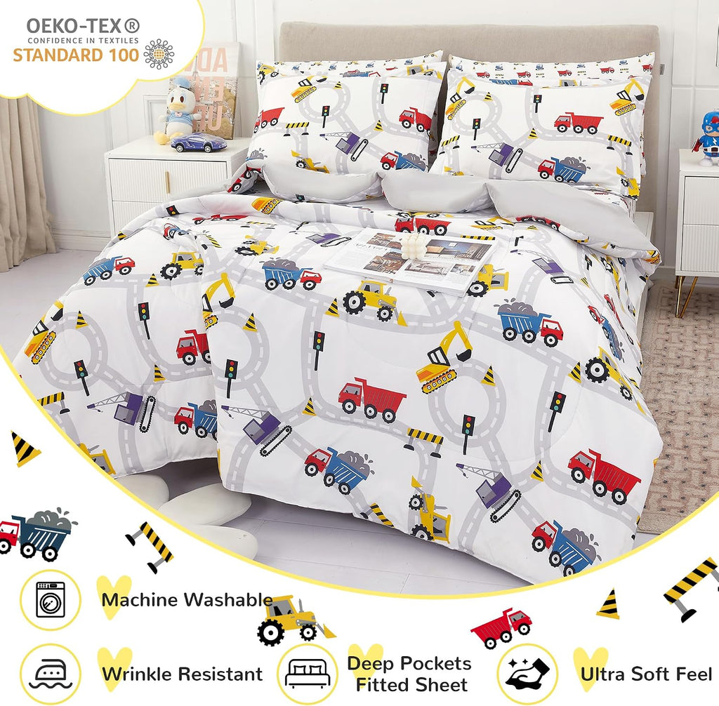 Kids Bedding Sets for Boys, Girls Soft Comforter Set with Sheets, 5 Pieces Microfiber Bed in a Bag, White
