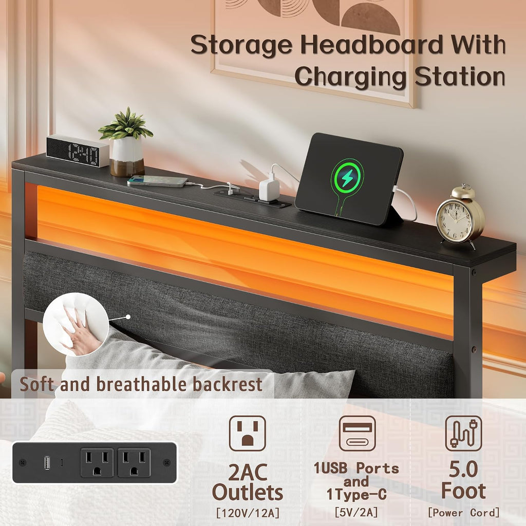 Twin Bed Frames for Kids, Upholstered Headboard and Storage Shelf | led lights, under-bed storage, no box spring