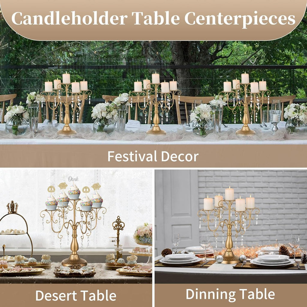 Gold Candelabra Candle Holder - 5 Arm Pillar Candle Holders with Crystal Beadsedding Candleholders Decoration Set of 2