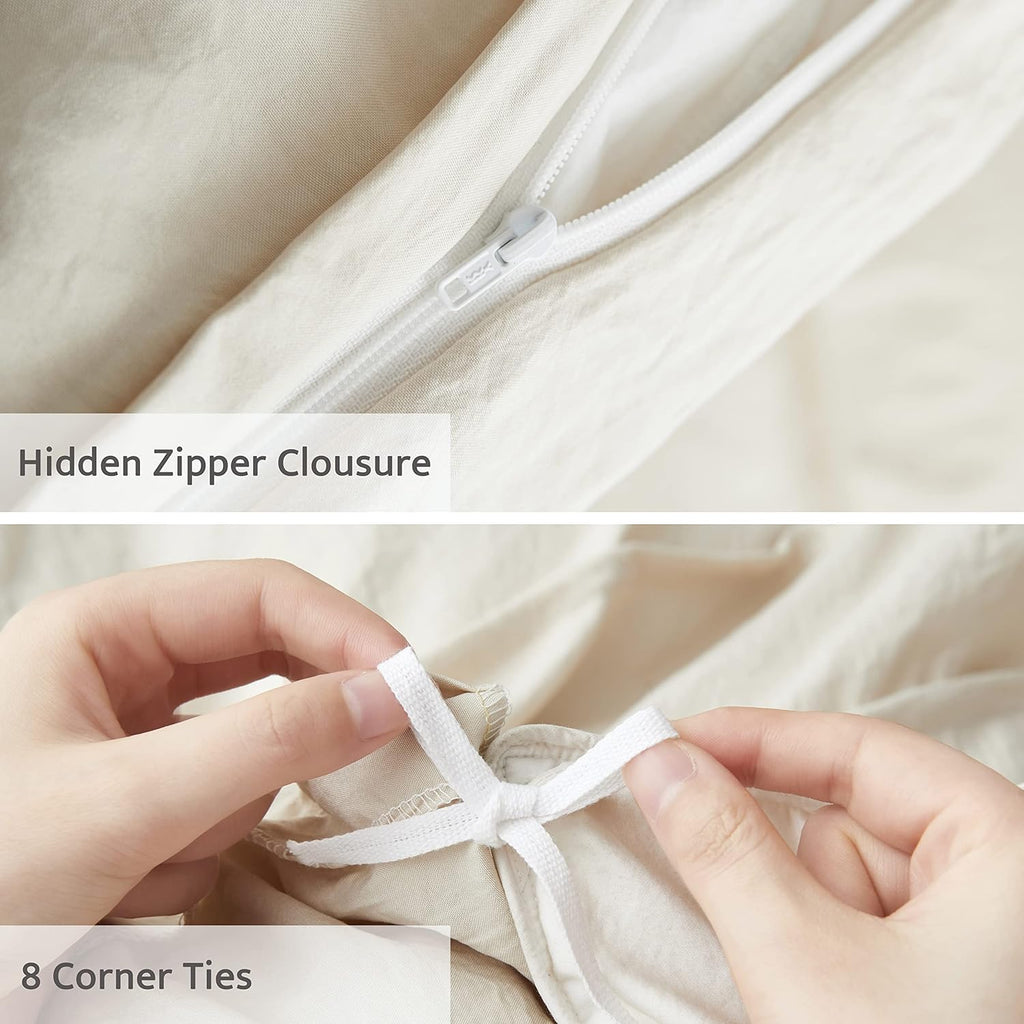Beige Duvet Cover - Pleated Duvet Cover, 3PCS Soft and Breathable Textured Bedding Set with Zipper