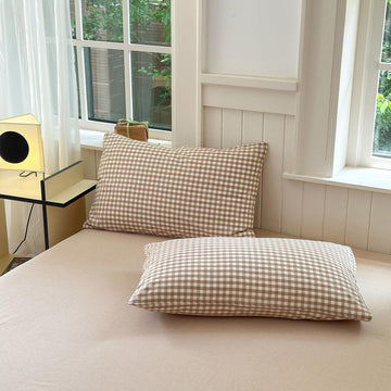 Tan Gingham Pillowcases Set Farmhouse Standard Size Pillow Shams Buffalo Taupe Plaid Pillowcases Set of 2, Grid