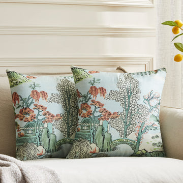 Pack of 2, Chinoiserie Pillow Cover 16 x 16 Inch Asian Scenic Blue and Pink Throw Pillow Covers Linen Farmhouse Tree