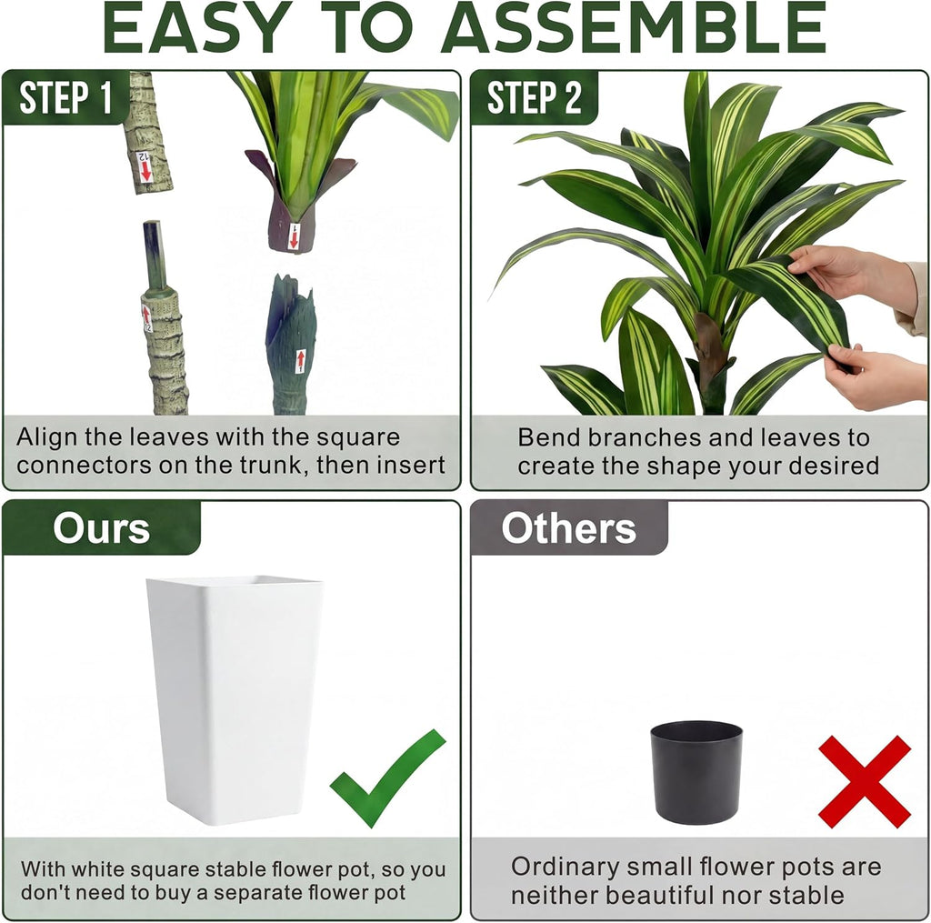 4FT Dracaena Artificial Plant, with White Tall Planter | Fake Tree Indoor,Lifelike Leaves,Leaves Are Easy to