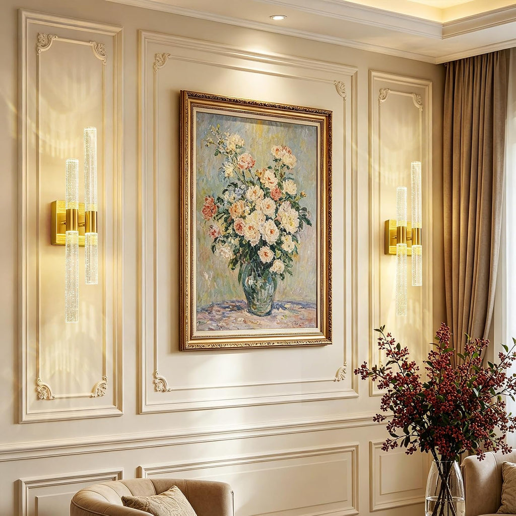 Crystal Wall Sconces Set of Two LED Bathroom Vanity Light Fixtures Gold 21.25in 4000K Vertical and Horizontal Wall
