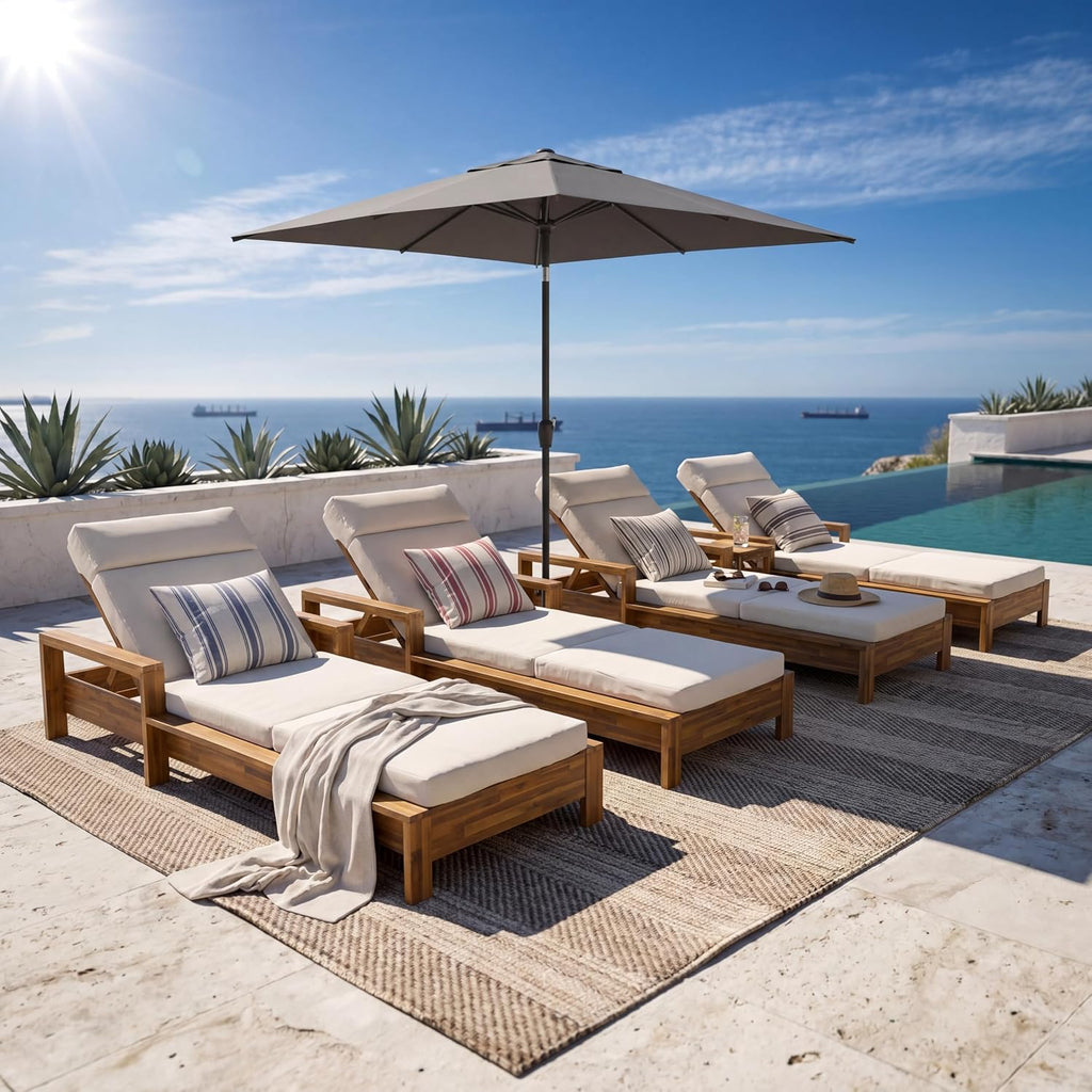 Teak Finish Acacia Wood Outdoor Chaise Lounge Frame Set with Armrests, 3-Position Adjustable Recliner, 4-Fold Beige