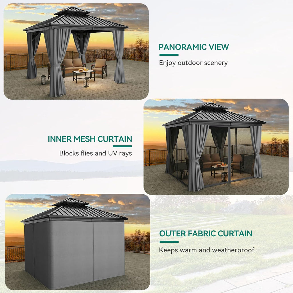 10X10FT Gazebo Patios Hard Top Outdoor Double Roof Canopy Aluminum Frame Garden Gazebo with Curtains Netting for Backyards Decks Lawns, Gray