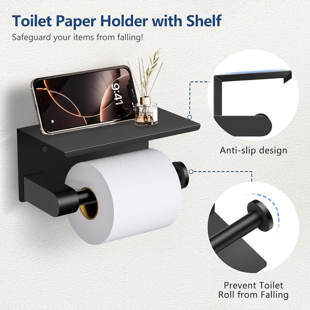 Bathroom Hardware Set Black, 5 Piece Bathroom Towel Bar Holder Sets | SUS304 Stainless Steel, 23.6" Toilet Paper
