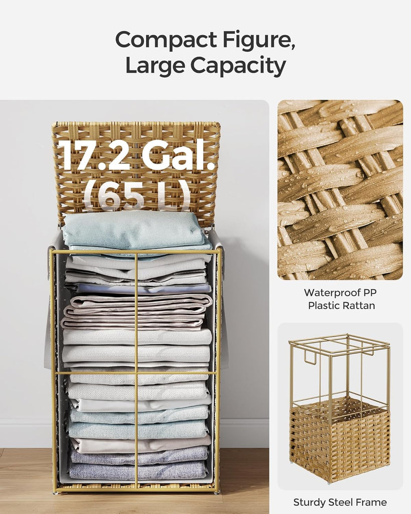 Laundry Hamper with Lid, 17.2 Gallon (65 L) Synthetic Rattan Clothes Laundry Basket with Lid and Handles, Foldable