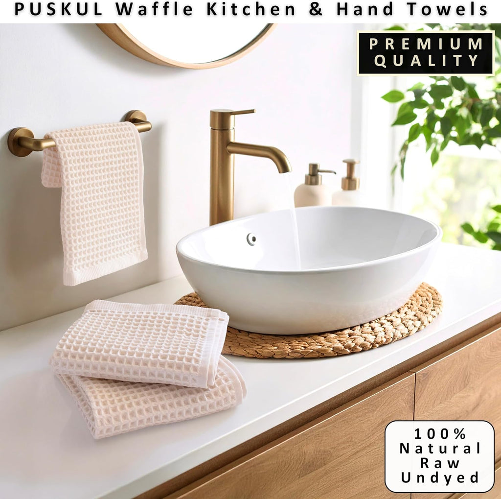 Natural 100% Turkish Cotton Waffle Kitchen and Hand Towels, 3-Piece | Raw-Undyed 32x16" Large Soft Absorbent