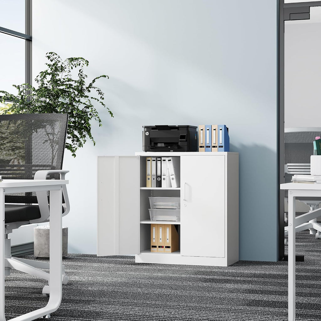 Metal Storage Cabinet-36" Tall Steel File Cabinet with Lockable Doors and Adjustable Shelves-White Steel Storage