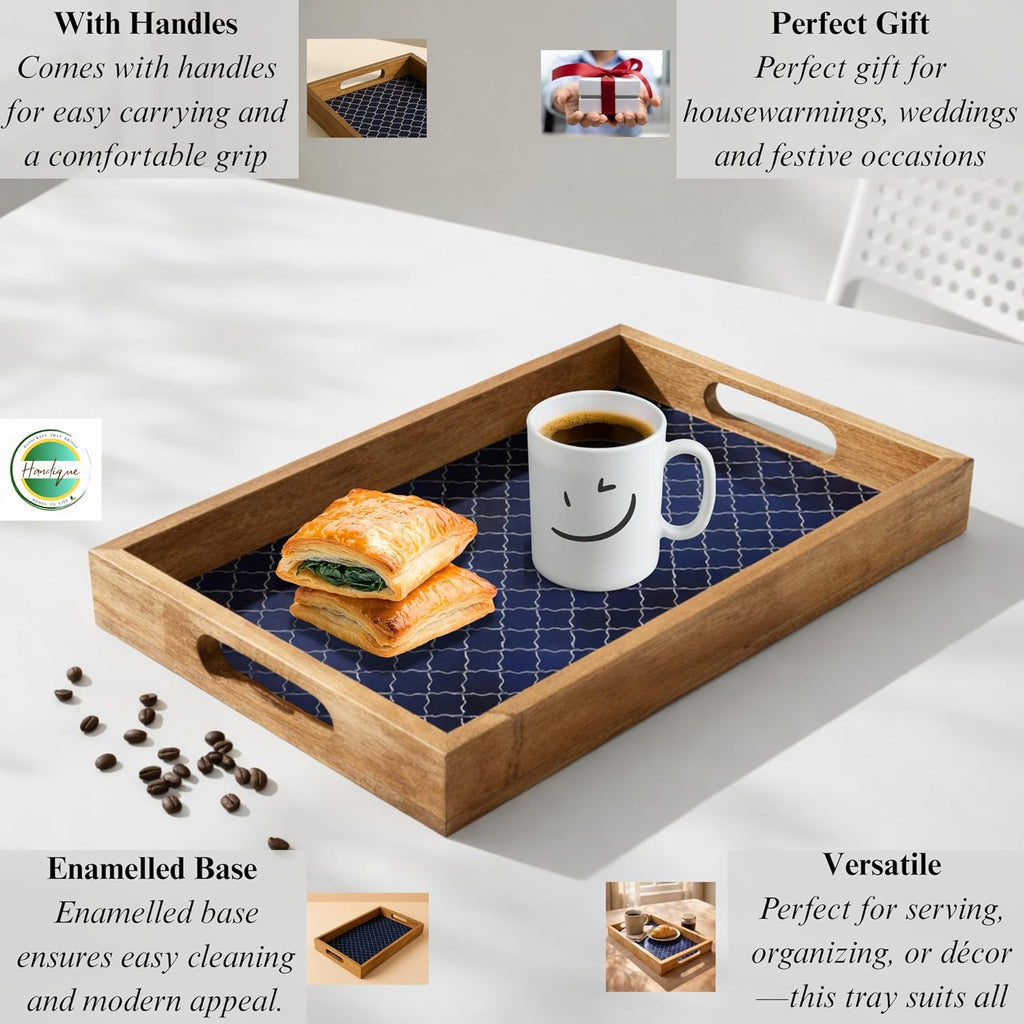Large Wooden Designer Serving Tray with Handles & Coasters | Decorative Wood Serving Tray for Breakfast, Tea, Food &
